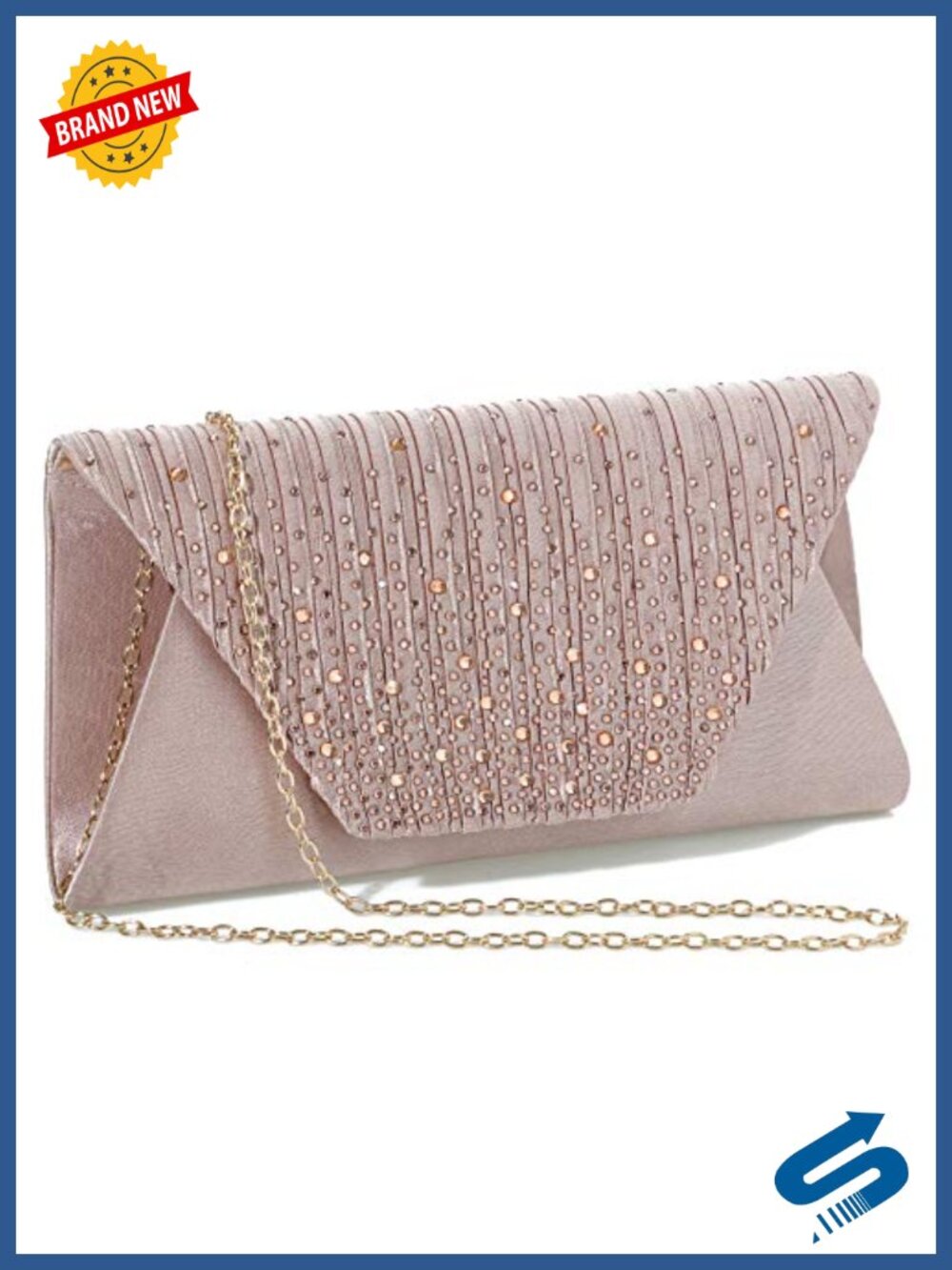 Satin Rhinestone Evening Clutch Crossbody Bag with Chain Strap